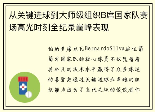 从关键进球到大师级组织B席国家队赛场高光时刻全纪录巅峰表现