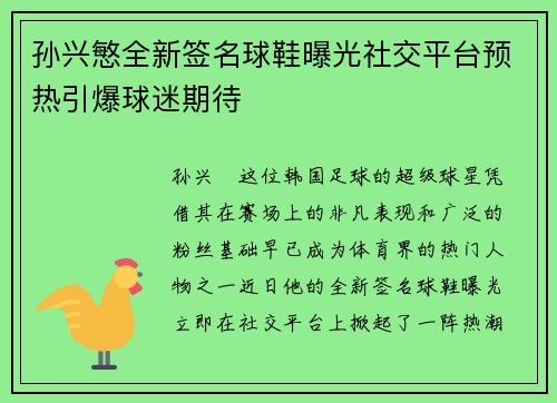 孙兴慜全新签名球鞋曝光社交平台预热引爆球迷期待 孙兴慜全新签名球鞋曝光社交平台预热引爆球迷期待
